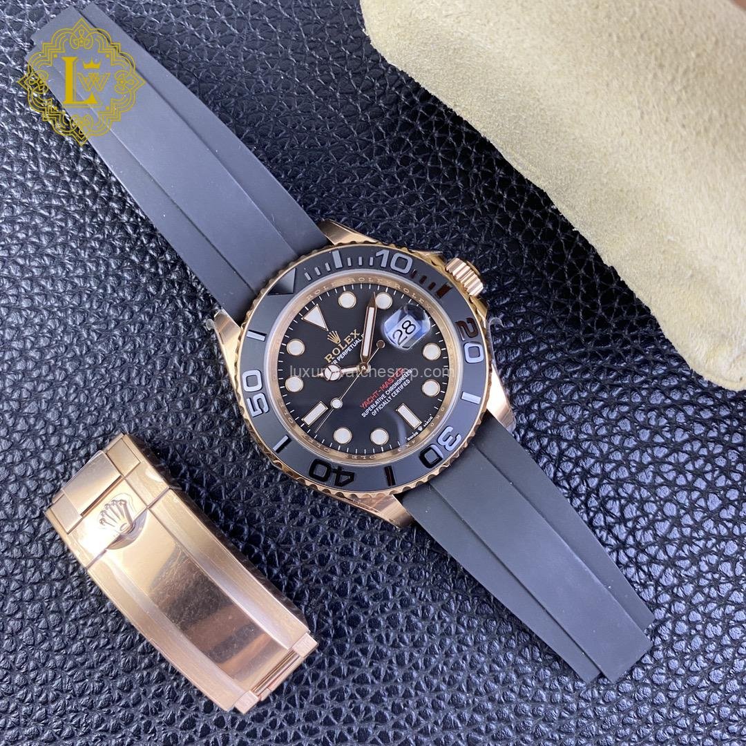 Rolex Yacht Master Black Dial Rose Gold Oysterflex - 116655 Replica