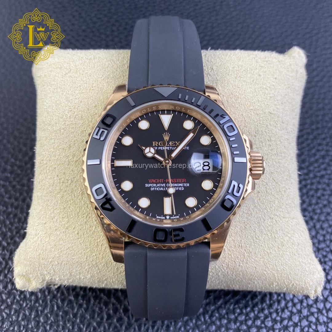 Rolex Yacht Master Black Dial Rose Gold Oysterflex - 116655 Replica