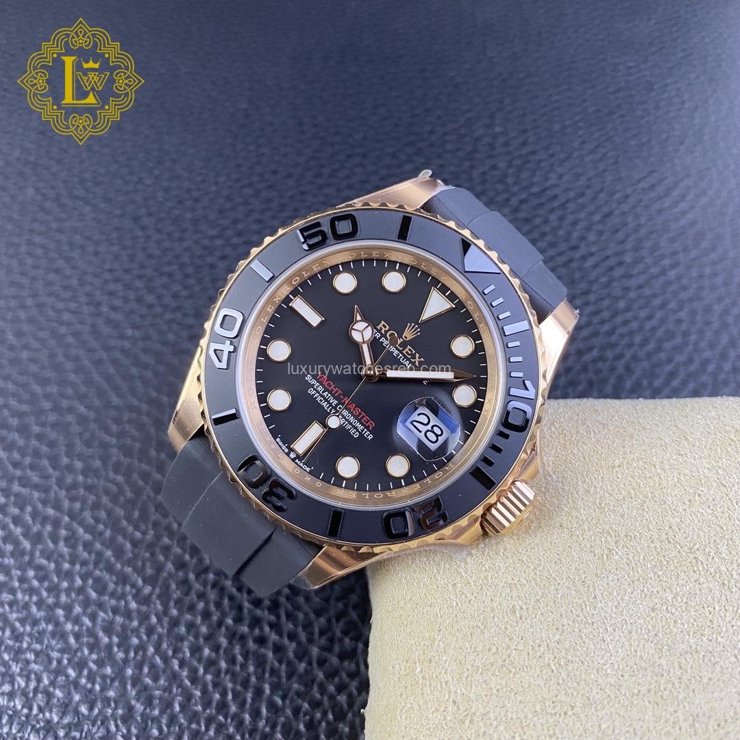 Rolex Yacht Master Black Dial Rose Gold Oysterflex - 116655 Replica